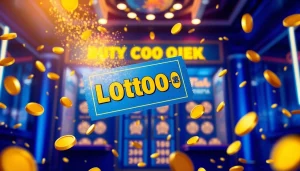 A vibrant representation of Lottorich28 with a floating lottery ticket among sparkling coins.