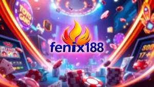 Explore the vibrant world of fenix168 with this sleek gaming logo set in an exciting casino environment.