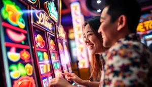 A delighted gamer winning at สล็อตออนไลน์, revealing colorful slot machine reels.