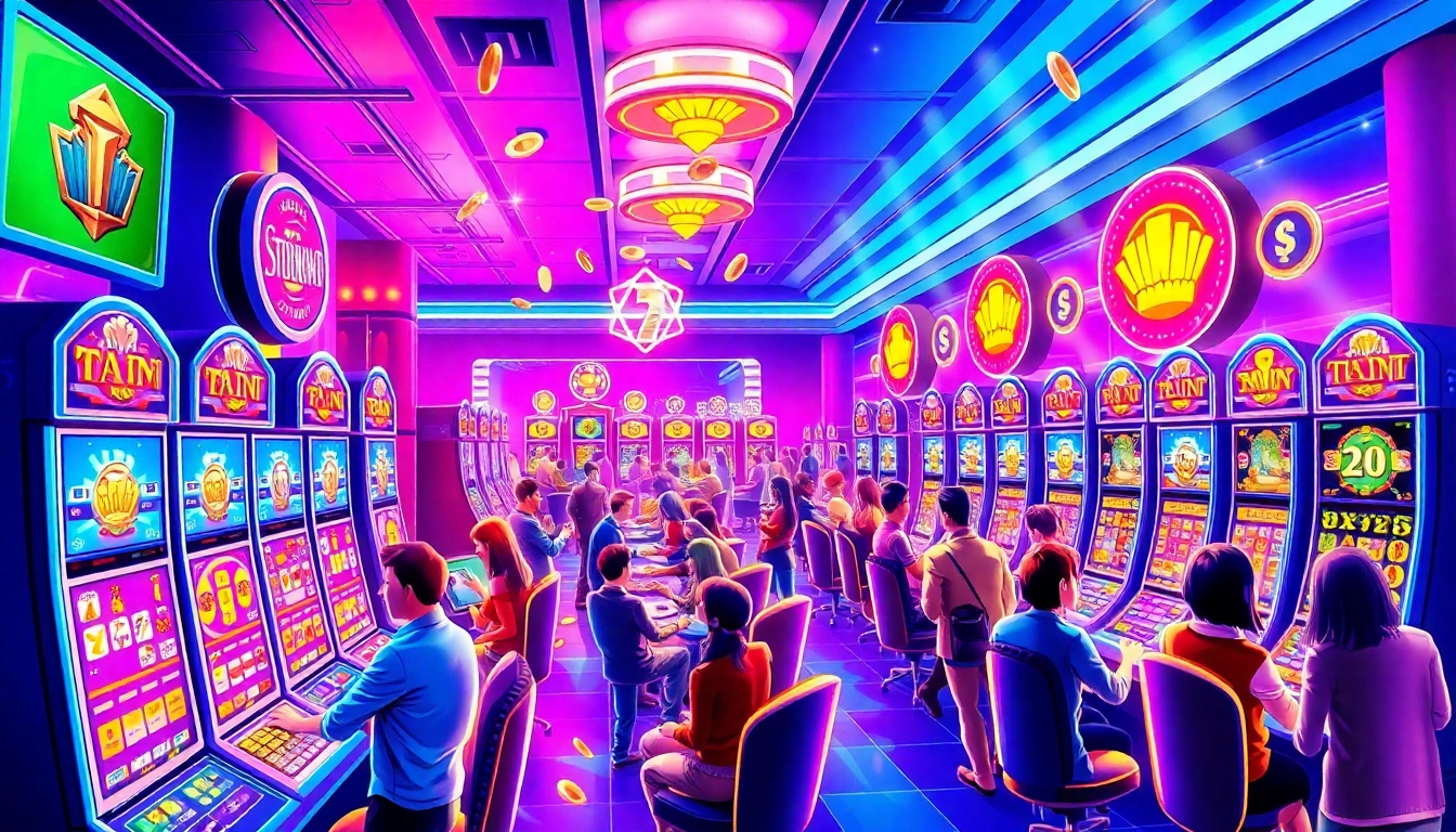 Players celebrating wins on สล็อต machines in a vibrant online casino scene.