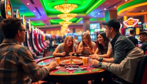 Friends celebrating a winning moment at ausvegas.xyz/ gaming table, showcasing joyful interactions and vibrant casino atmosphere.