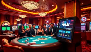 Gamblers enjoying a thrilling night at a casino with a touch of online excitement from https://vu88.win/.