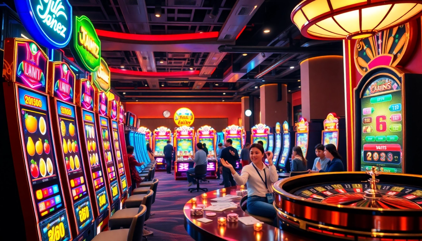 Players enjoying thrilling "j88 nổ hũ" slot games in a vibrant casino atmosphere.