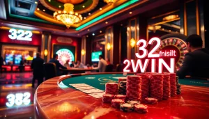 Experience thrilling moments at a casino with "32 Win" showcased dramatically as gamblers compete at poker tables surrounded by chips and cards.