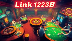 Experience the thrill of gambling at a casino with Link 123B, highlighted through vibrant gaming tables and neon signs.