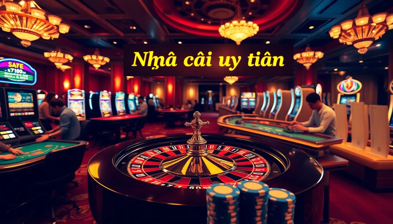 Dynamic casino scene with players around a roulette wheel, highlighting Nhà cái uy tín.