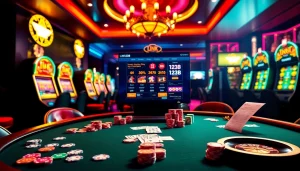 Place your bets with Link 123B at a vibrant casino table, featuring colorful poker chips and digital displays of online games.