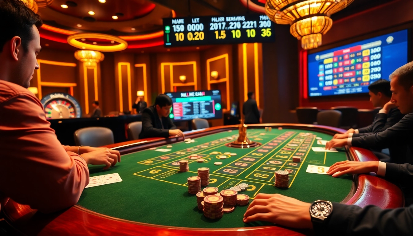 Experience bong da lu fun with players at a vibrant casino baccarat table, showcasing high-stakes betting action.