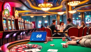 The app 68 game bài showcases players winning at a lively poker table surrounded by dazzling slot machines, highlighting excitement in online gambling.