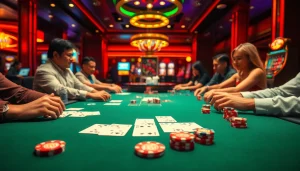 Players enjoying the game bài đổi thưởng at a bustling casino table filled with excitement.