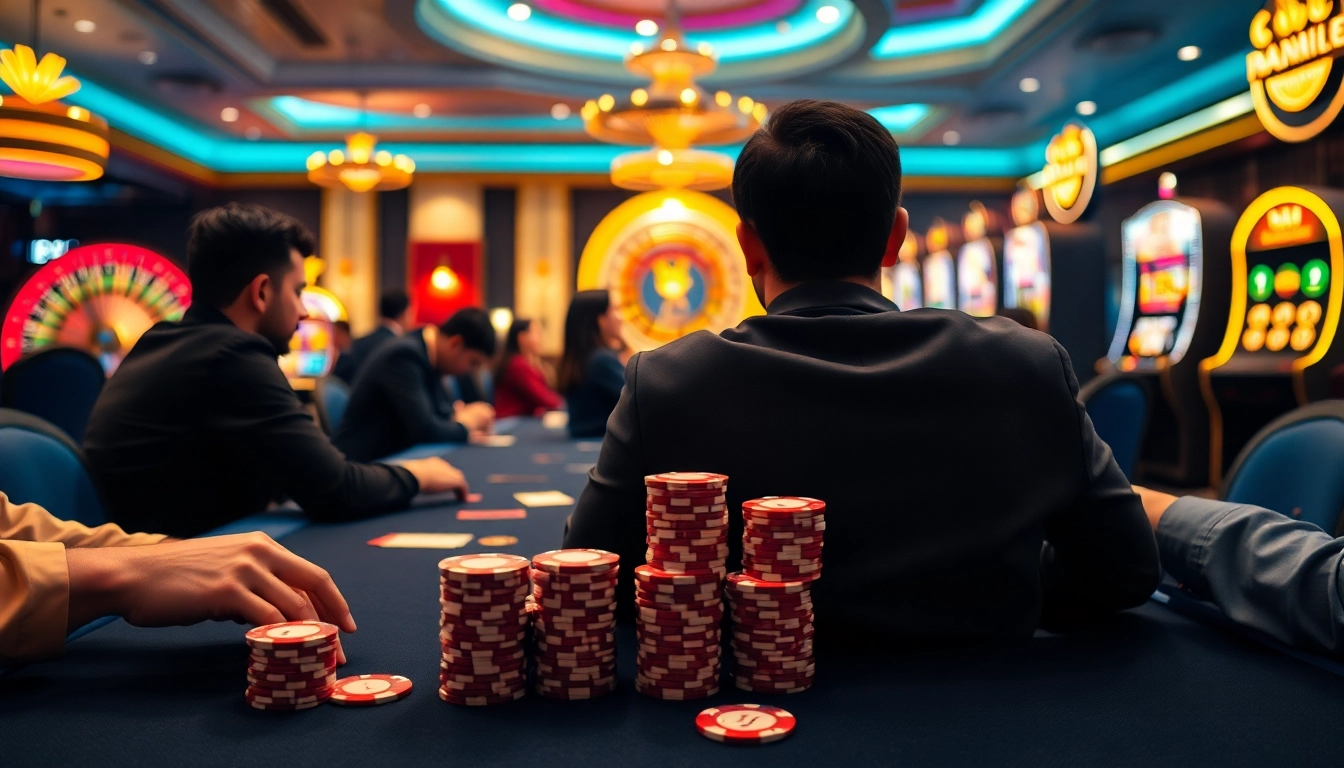 Engage in the thrill of winning with bong da lu fun at an exciting poker table surrounded by electrifying slot machines.