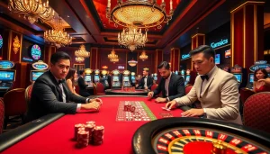 Experience the thrill of RR88 casino as players engage in exciting poker games, surrounded by luxury and glamour.
