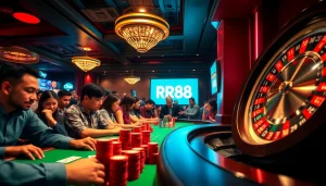 RR88 players excitedly competing at a casino poker table with vibrant chips.