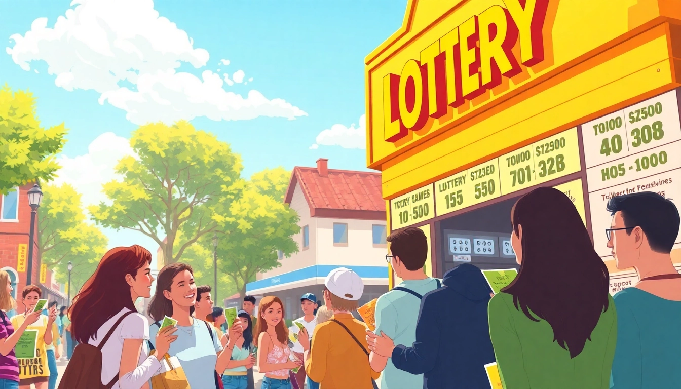 Excited crowd engaging with a lottery ticket booth, showcasing vibrant tickets and hopeful players.