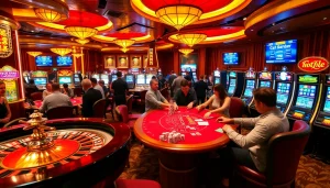 Bong da lu fun - Players enjoy exhilarating games at a lively casino table with roulette, poker, and slot machines.