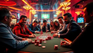 Experience the excitement of app 68 game bài at a bustling poker table in a vibrant casino atmosphere.