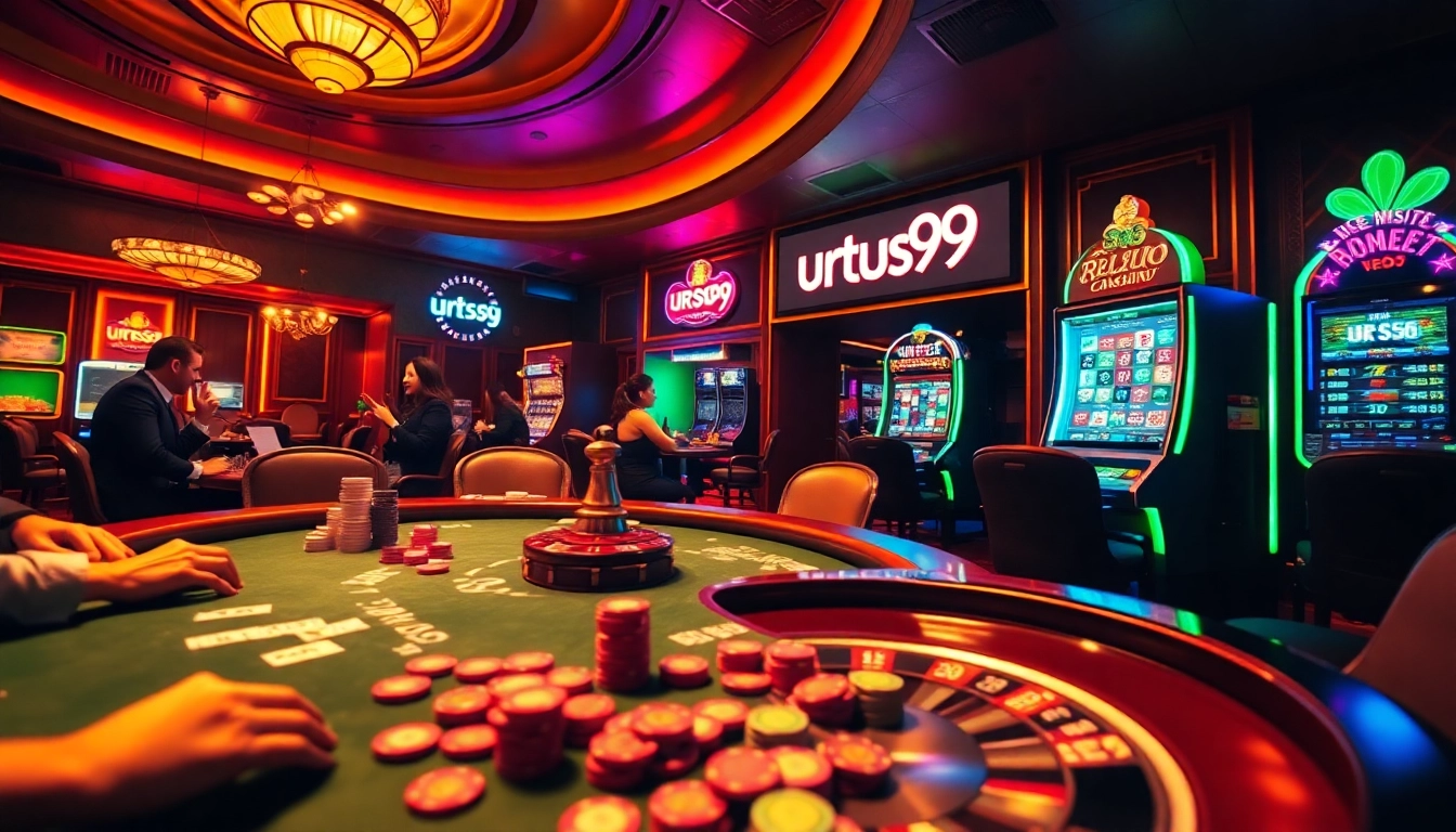 Experience the thrill of urus99 at a luxurious casino table featuring vibrant poker action and roulette excitement.