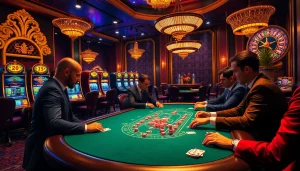 Casino interior showcasing players in an intense poker game, exemplifying deneme bonusu veren siteler and excitement.