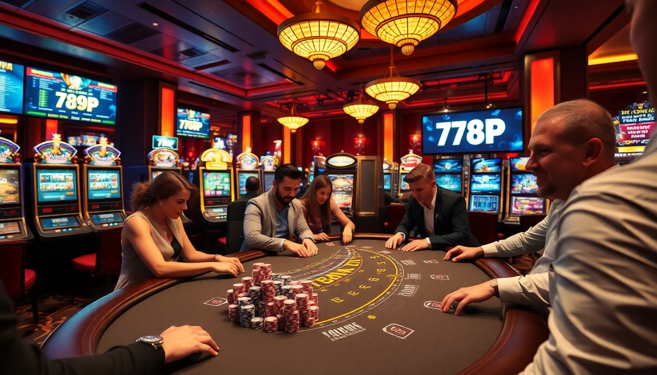 Experience excitement at the blackjack table featuring 789P's vibrant casino scene with eager players and colorful chips.