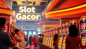 Enthusiastic players celebrating wins at a "Slot Gacor" casino highlighting excitement.