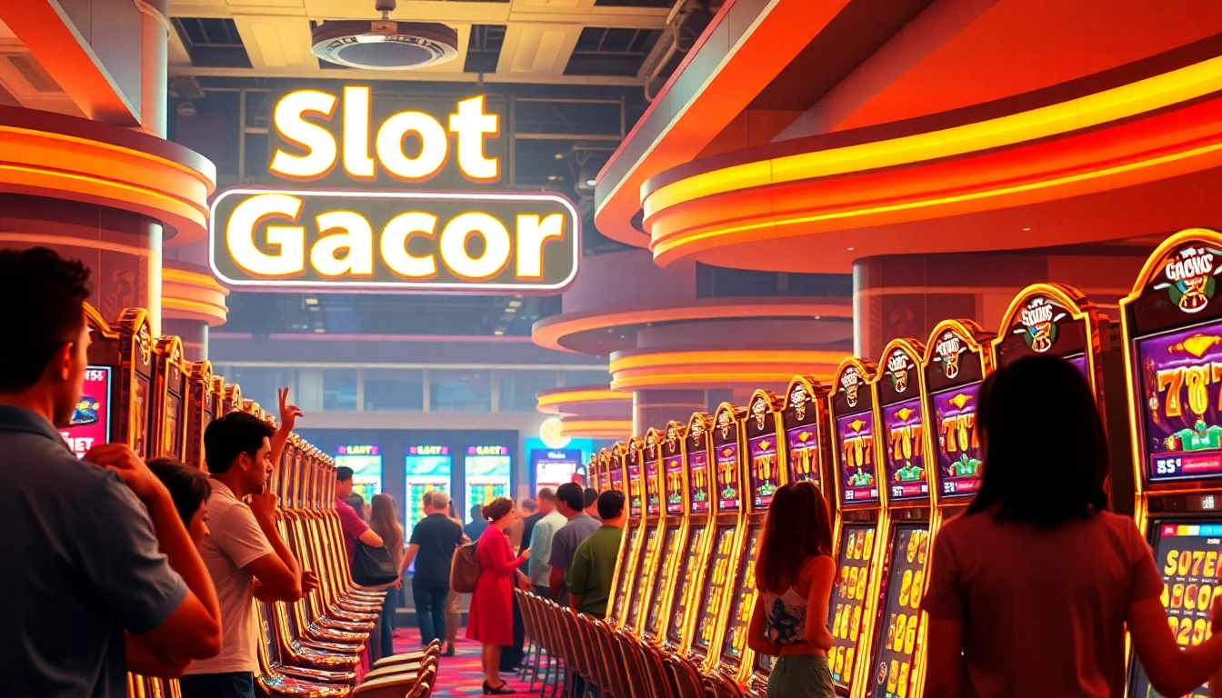 Enthusiastic players celebrating wins at a "Slot Gacor" casino highlighting excitement.