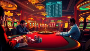Experience the allure of sex ai in an upscale casino setting, featuring intense poker play and vibrant lighting.