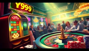 Experience the excitement of gambling with the Y999 Game Download and vibrant casino activities, featuring roulette and slot machines.
