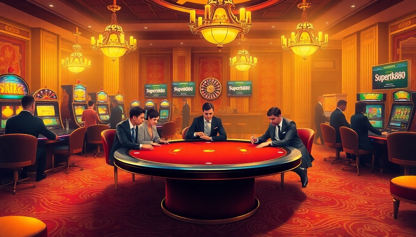 Players at a high-stakes poker table in a vibrant casino setting featuring Supertkb88, showcasing intense gameplay and excitement.